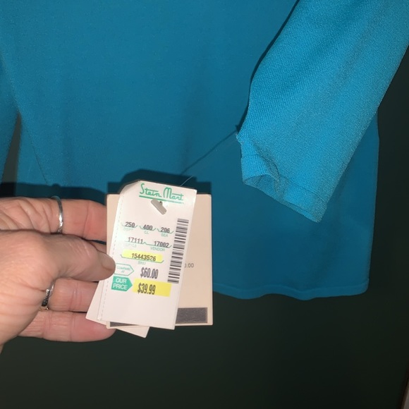 Sky blue top with 3/4 sleeves and sequined v-neck and sequins on back of collar - Picture 3 of 4